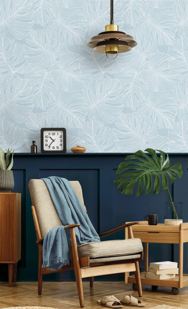 Seabrook Tarra Monstera Leaf Blue Wallpaper