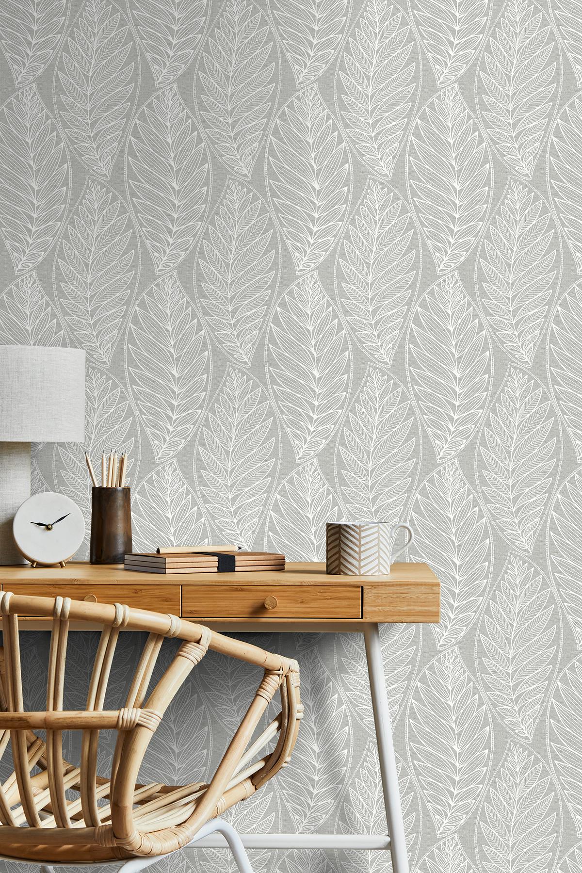 Seabrook Kira Leaf Husk Grey Wallpaper