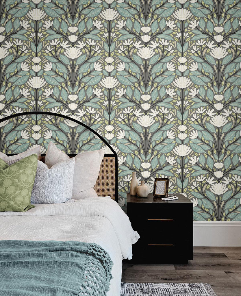 Seabrook Carmela Folk Floral Grey Wallpaper