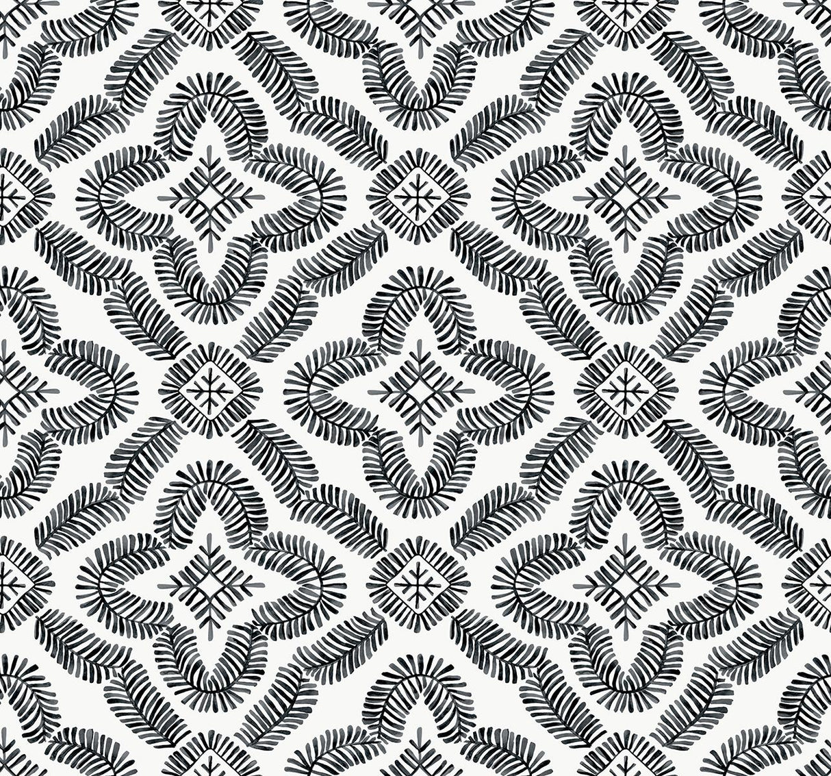 Seabrook Talia Botanical Medallion Black and White Wallpaper