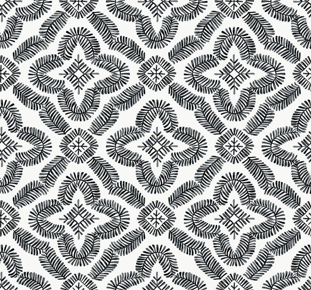 Seabrook Talia Botanical Medallion Black and White Wallpaper