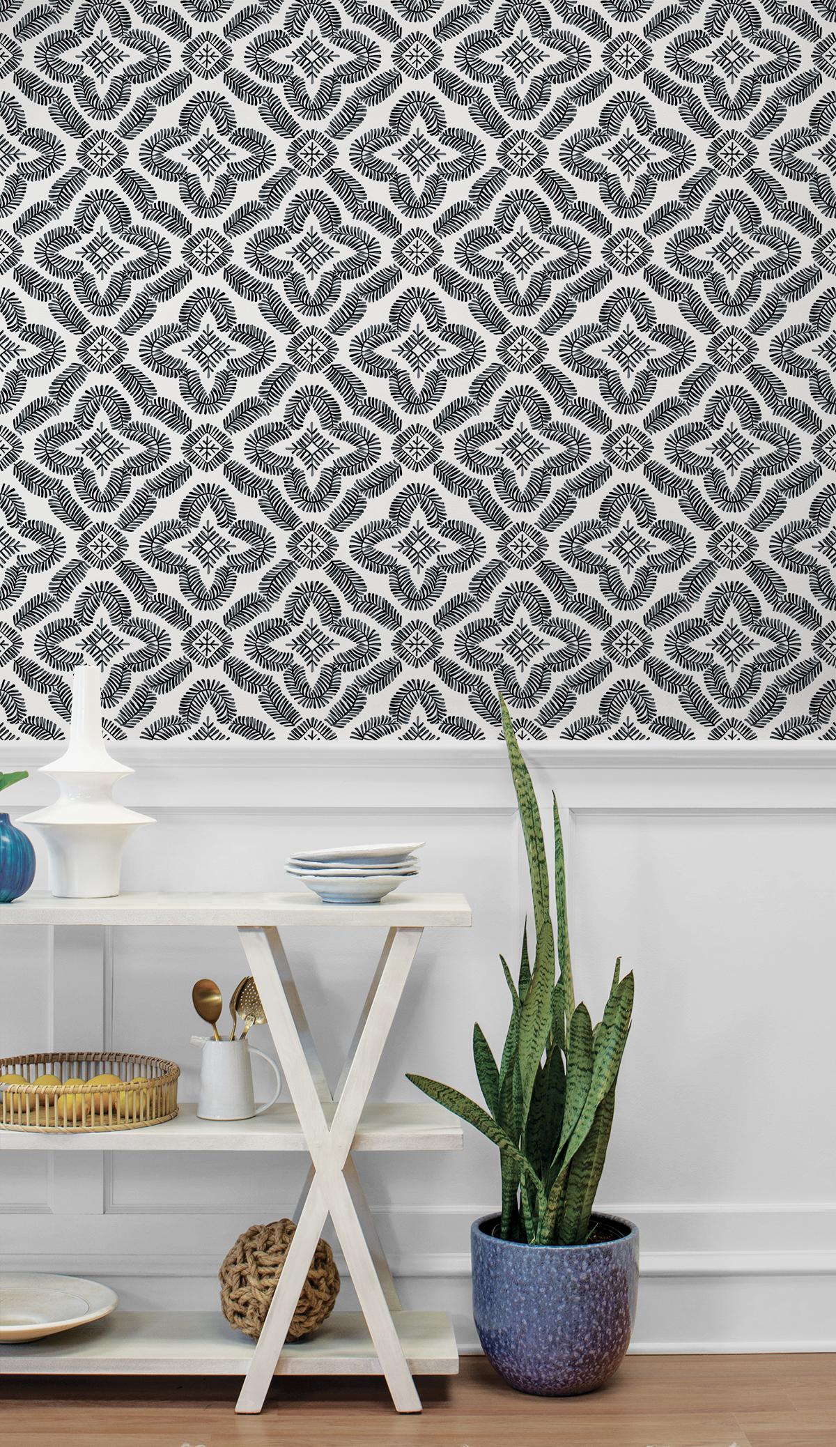 Seabrook Talia Botanical Medallion Black Wallpaper
