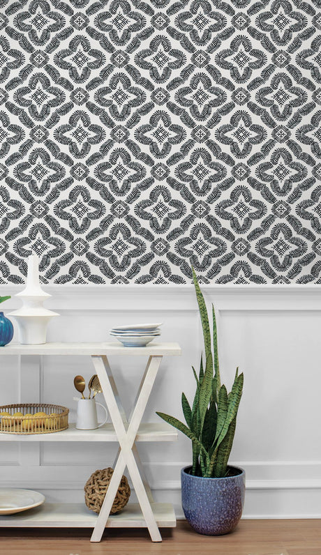 Seabrook Talia Botanical Medallion Black Wallpaper