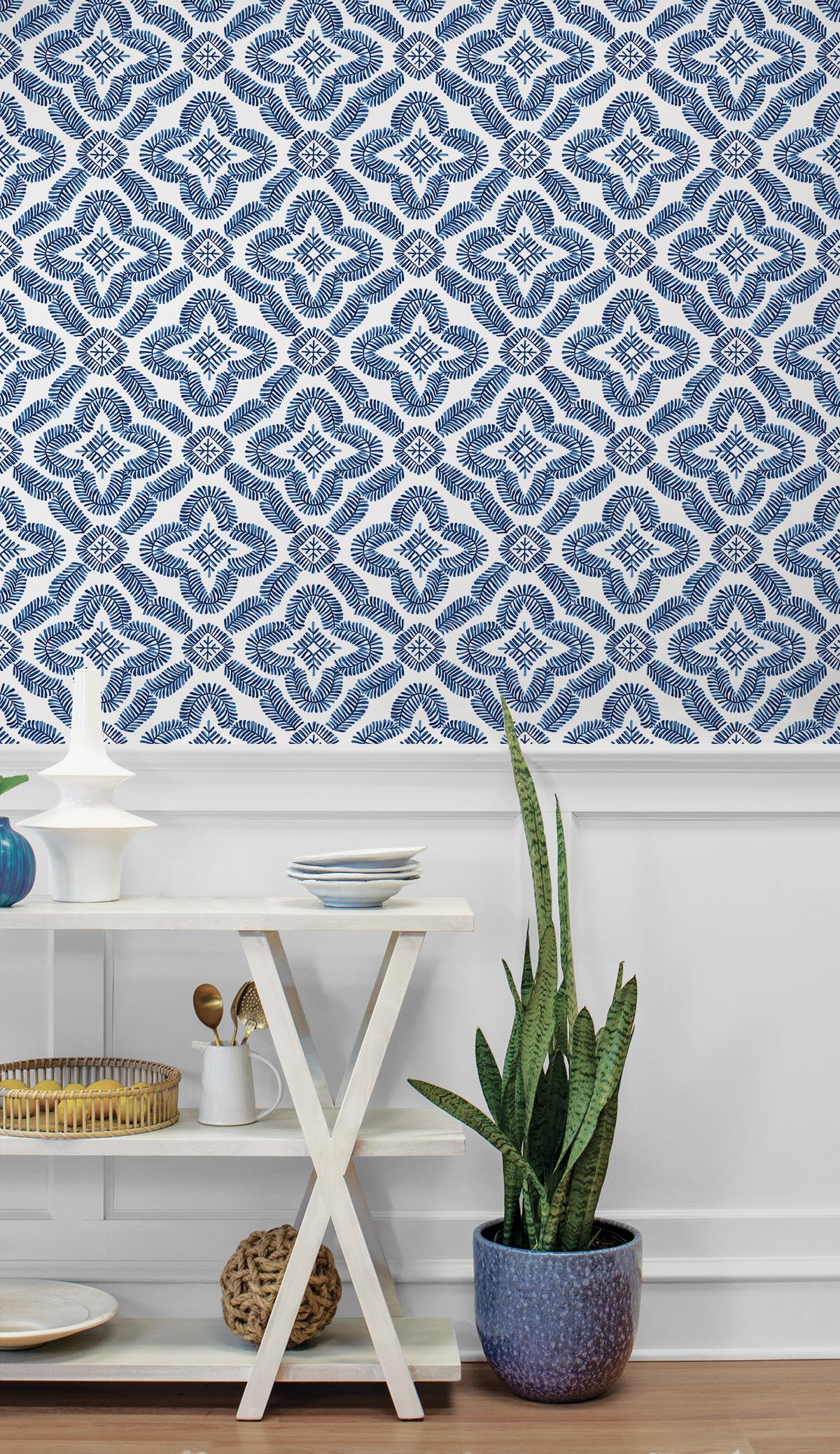 Seabrook Talia Botanical Medallion Blue Wallpaper