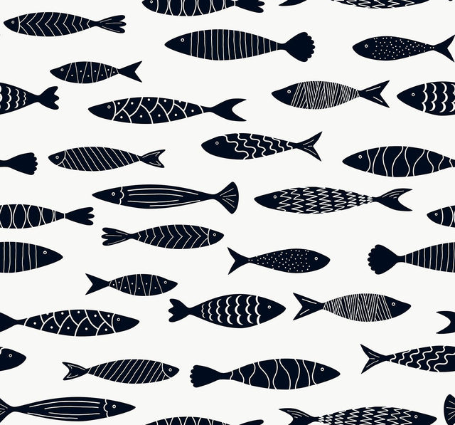 Seabrook Bay Fish Black and White Wallpaper