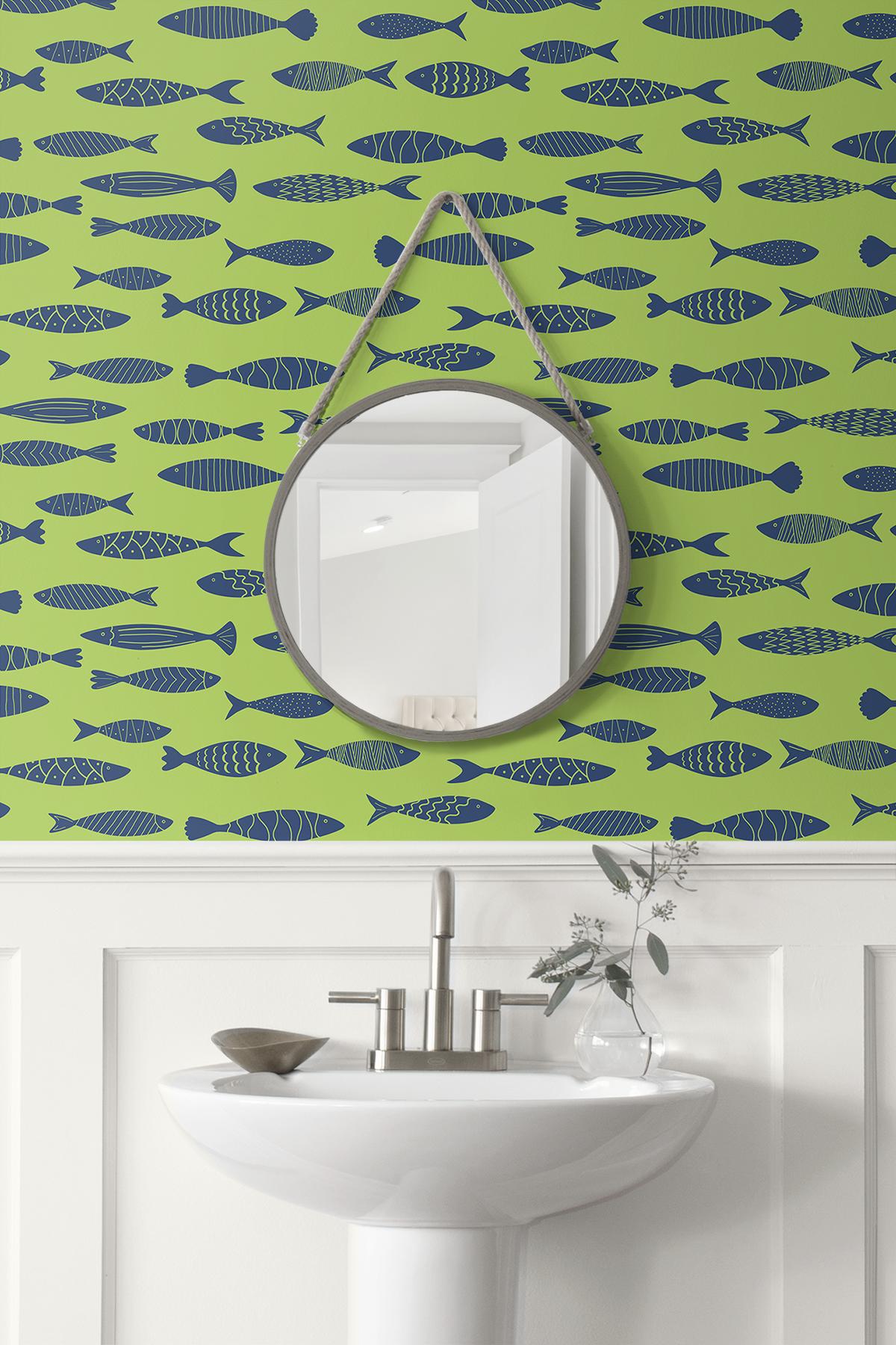 Seabrook Bay Fish Green Wallpaper