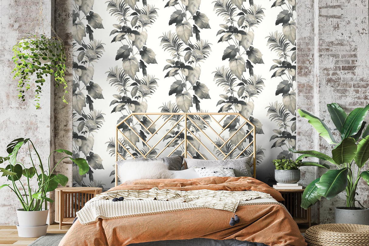 Seabrook Leaf Stripe Grey Wallpaper