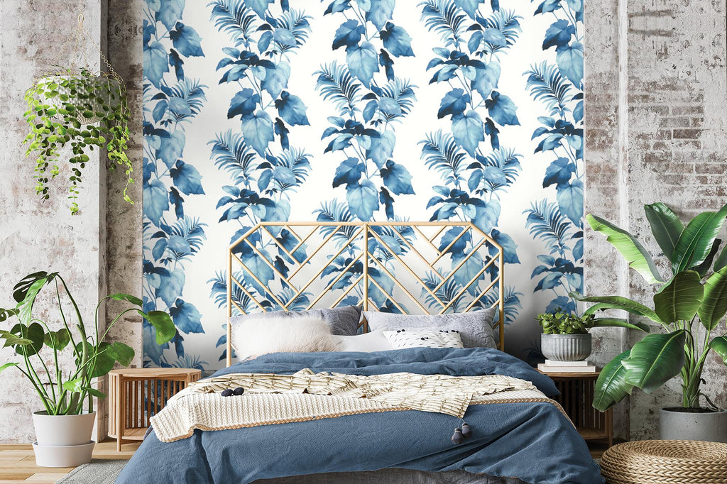 Seabrook Leaf Stripe Blue Wallpaper