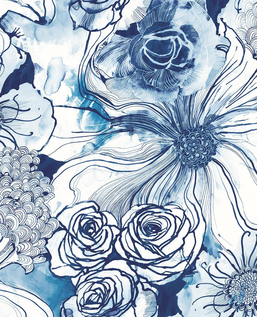 Seabrook Ink Rose Blue Wallpaper