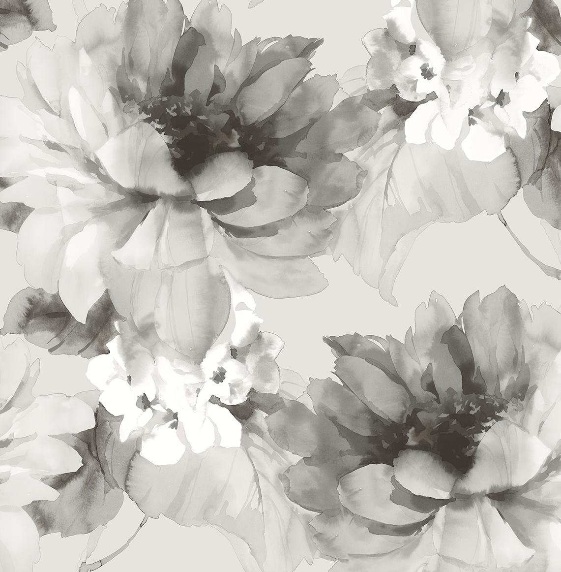 Seabrook Watercolor Floral Ash & Metallic Silver Wallpaper