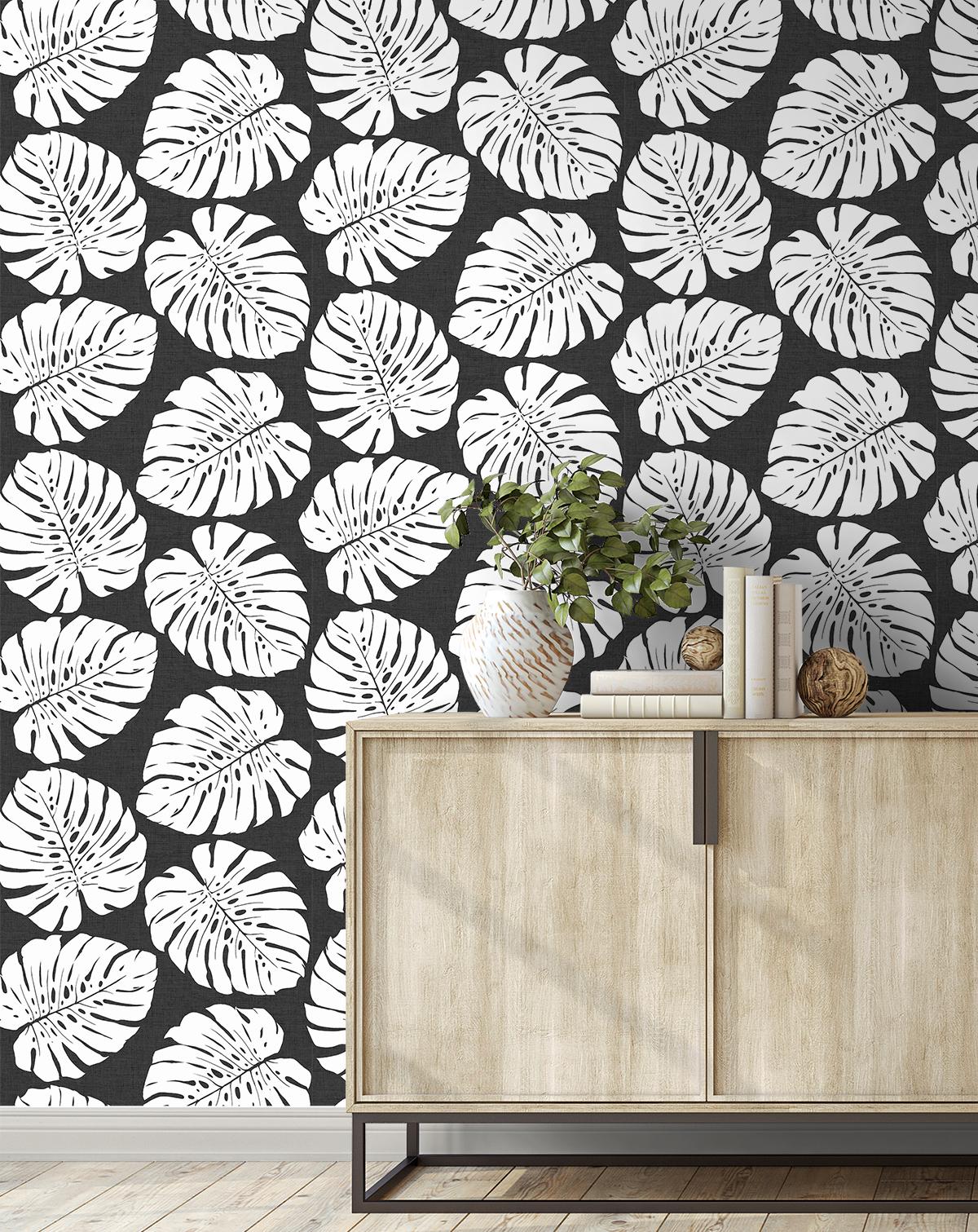 Seabrook Monstera Leaf Black Wallpaper