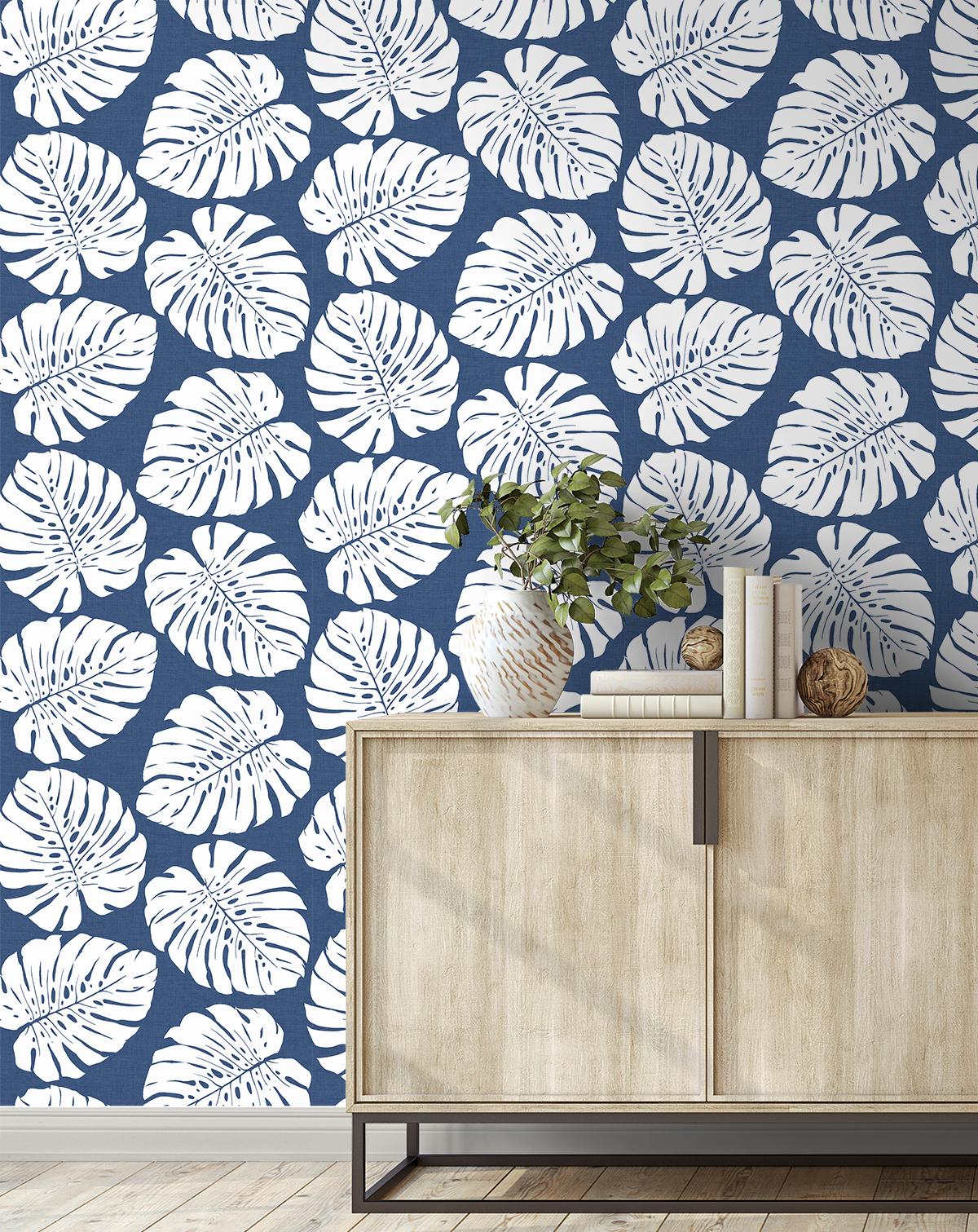 Seabrook Monstera Leaf Blue Wallpaper