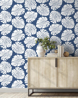 Seabrook Monstera Leaf Blue Wallpaper
