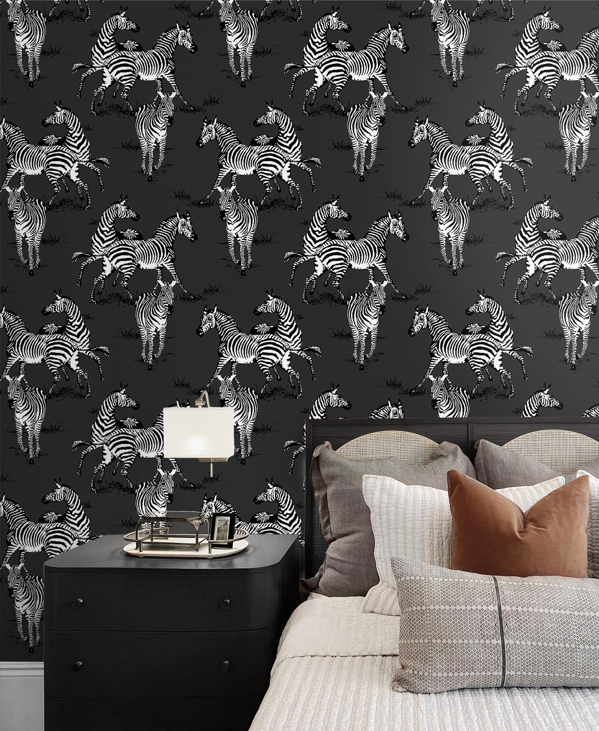 Seabrook Playful Zebras Black Wallpaper