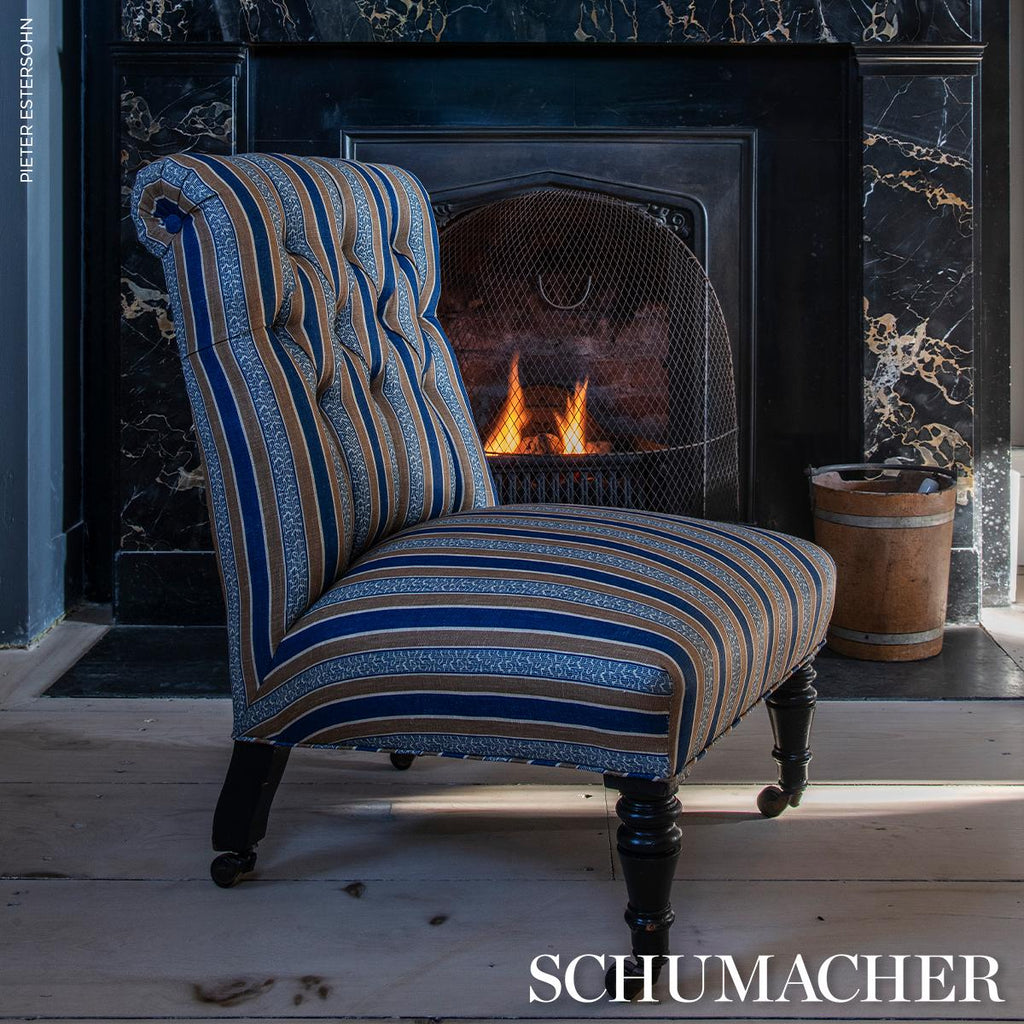 Schumacher Auguste Stripe Marine & Cognac Fabric