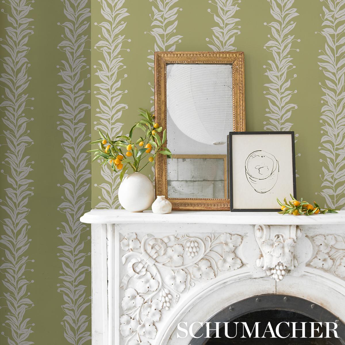 Schumacher Tendril Stripe Olive Wallpaper