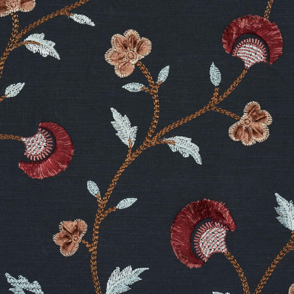 Schumacher Iyla Embroidery Midnight & Rouge Fabric