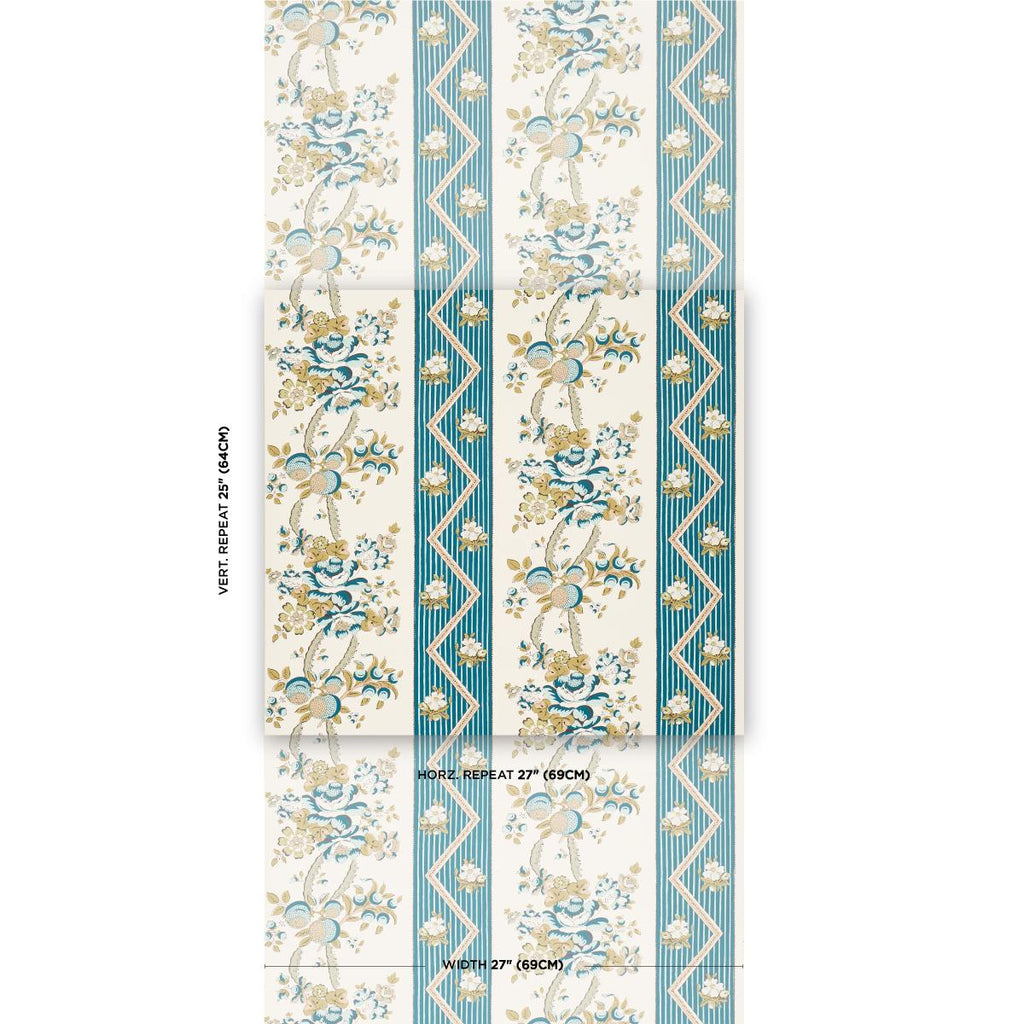Schumacher Sylvain Floral Stripe Teal Wallpaper