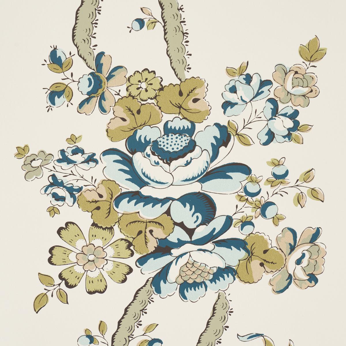 Schumacher Sylvain Floral Stripe Teal Wallpaper