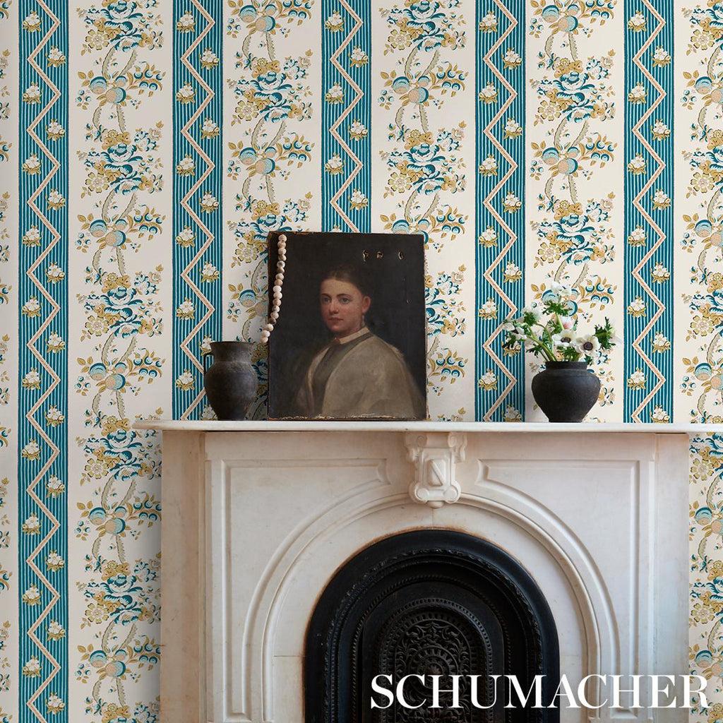 Schumacher Sylvain Floral Stripe Teal Wallpaper