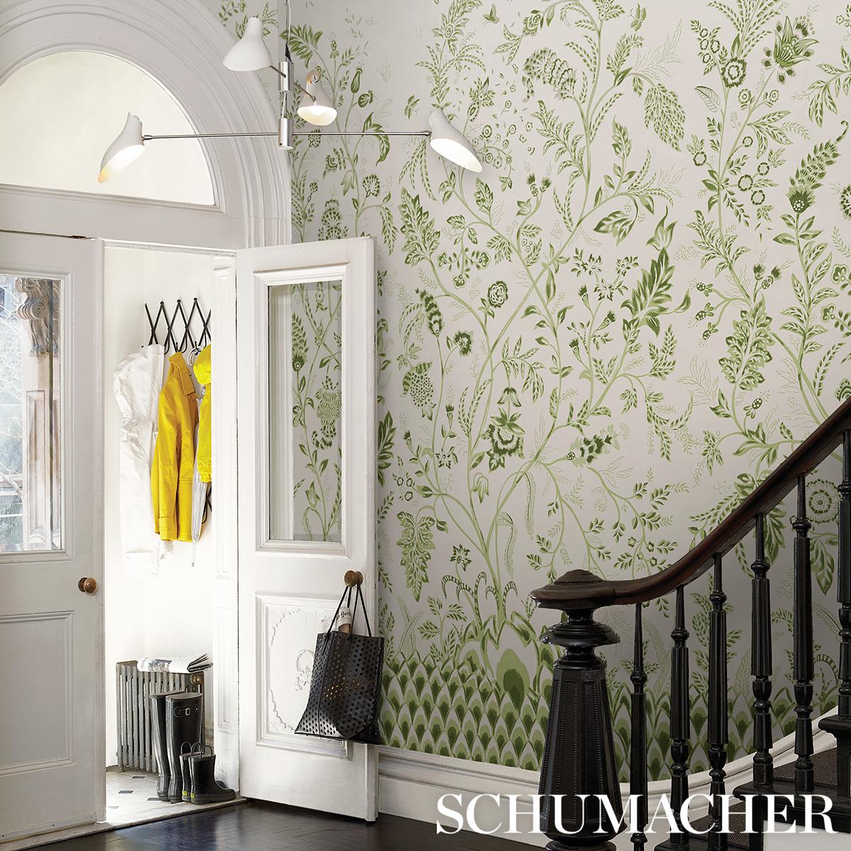 Schumacher Chinoiserie Grande Panel Set Leaf Green Wallpaper