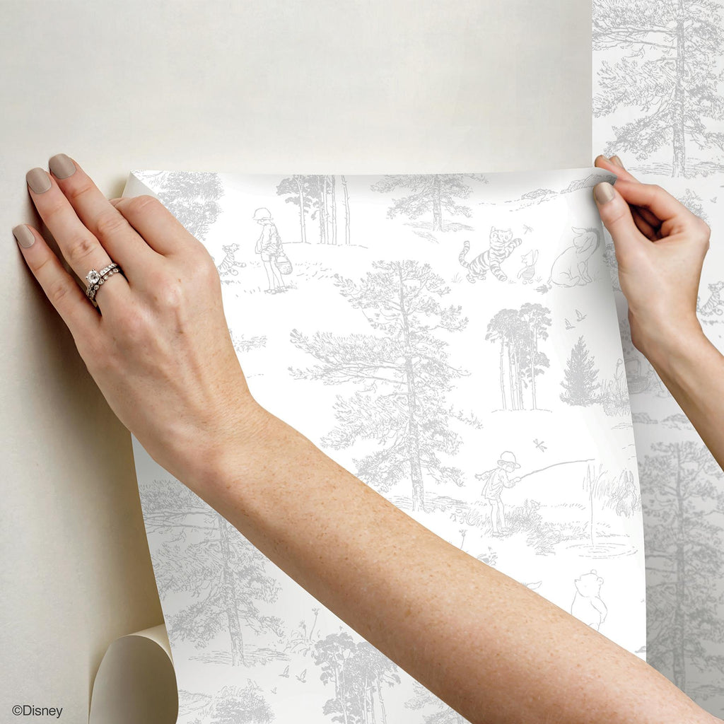 RoomMates Winnie The Pooh Grey Toile Peel & Stick Grey Wallpaper
