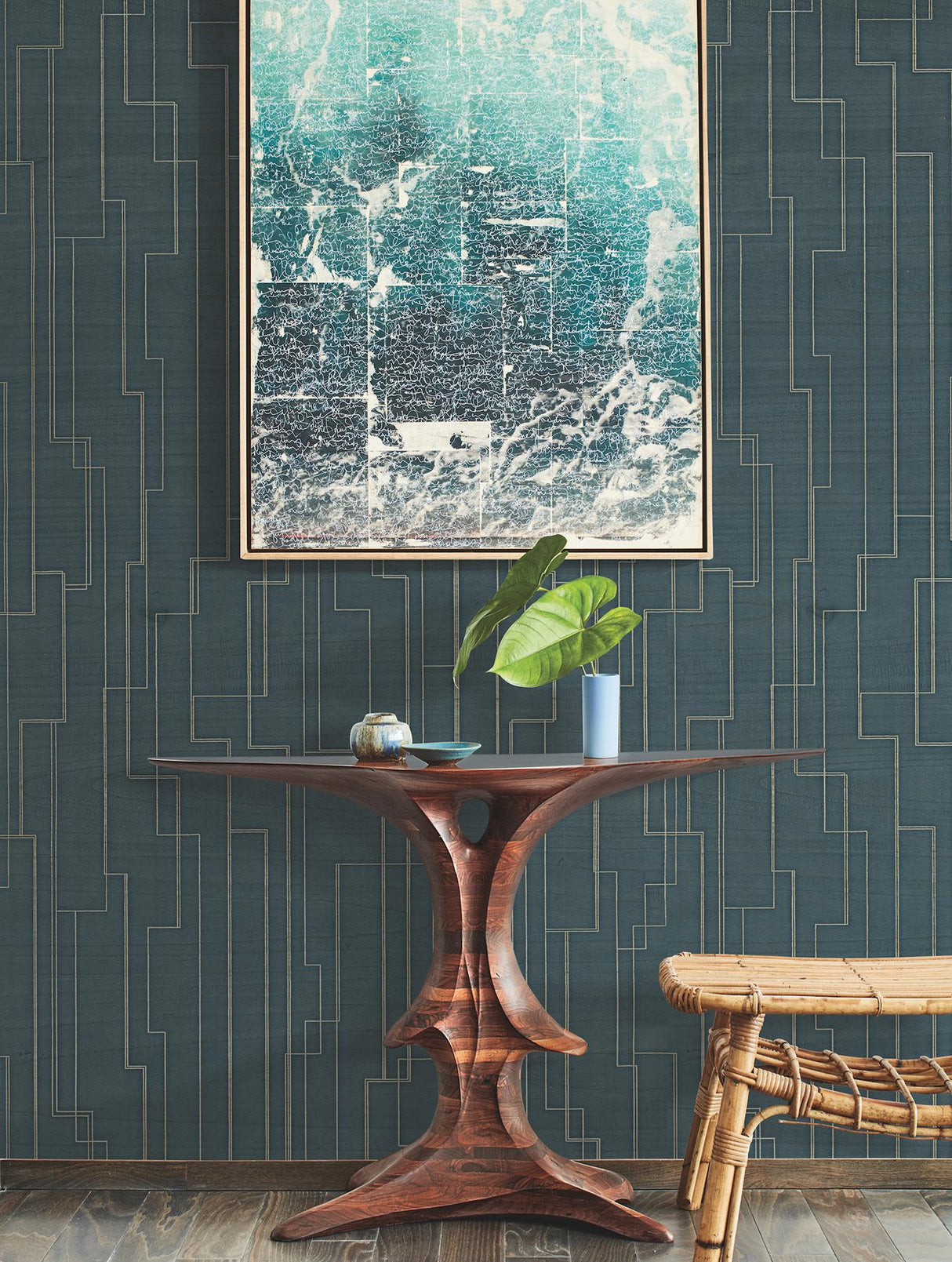 Ronald Redding Inlay Line Peacock Blue Wallpaper