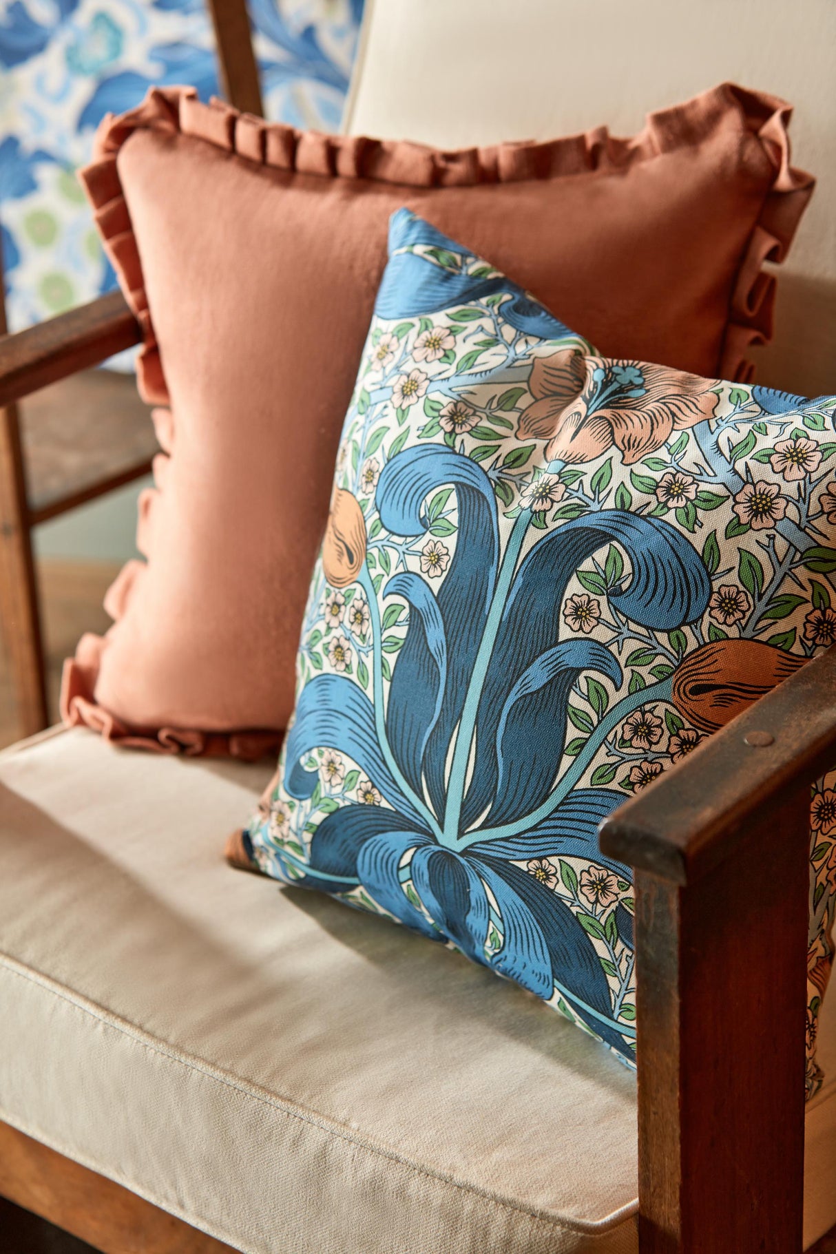 Morris & Co Paradise Blue/Peach Bedford Park Fabrics Fabric