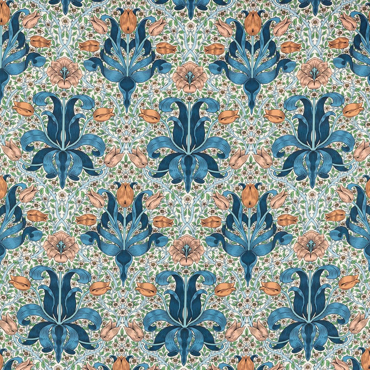 Morris & Co Spring Thicket Paradise Blue/Peach Fabric