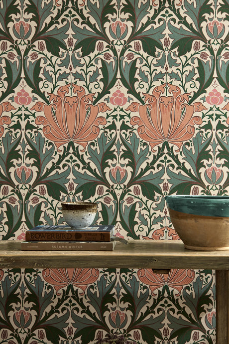 Morris & Co Helena Peach/Teal Wallpaper