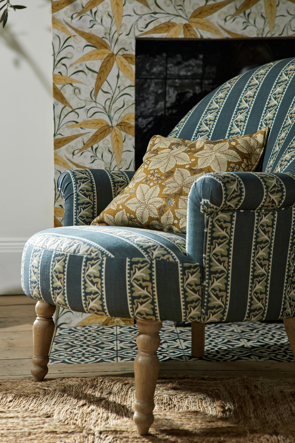 Morris & Co Red Car Stripe Forest/Linen Fabric