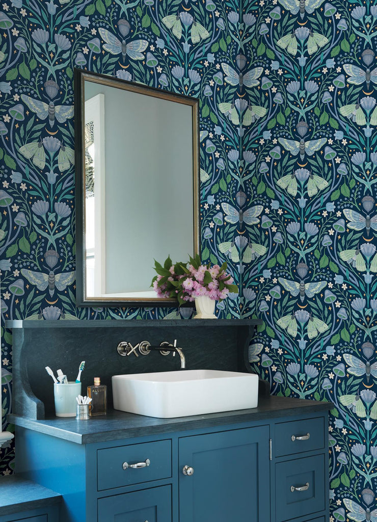 RoomMates Enchanted Forest Damask Blue Peel and Stick Blue Wallpaper