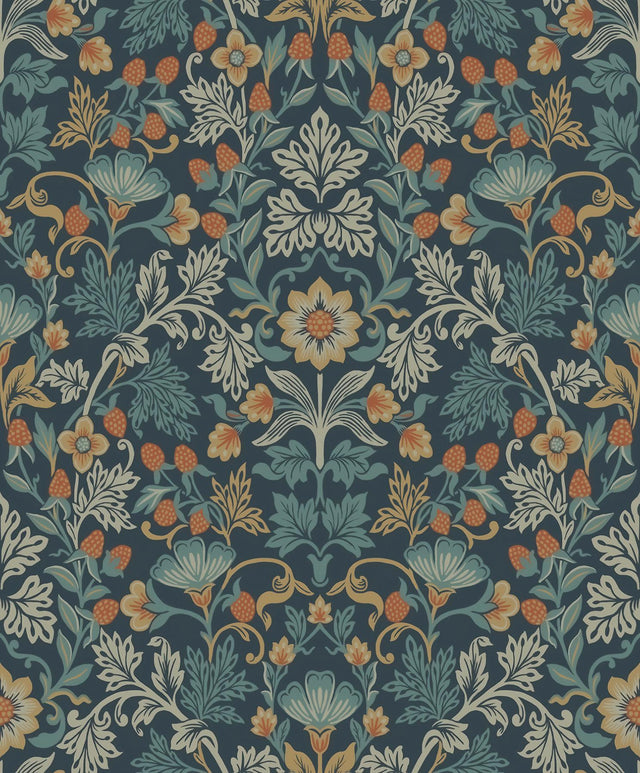 Brewster Home Fashions Lila Blue Strawberry Floral Wallpaper