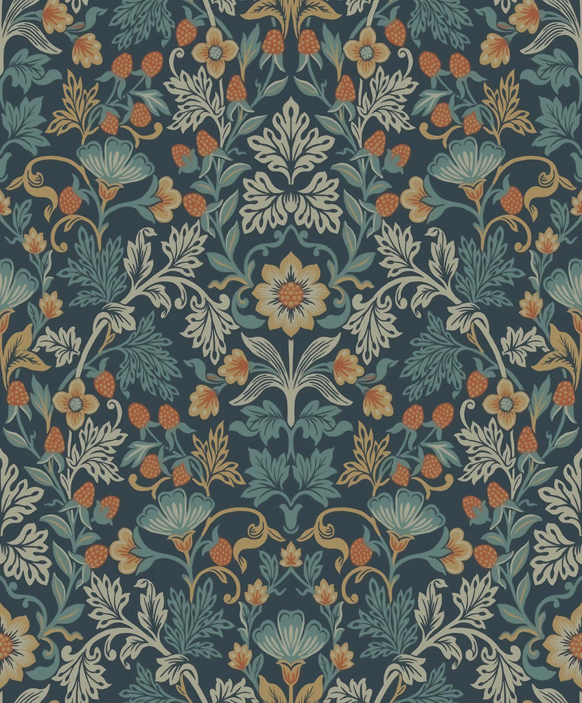 Brewster Home Fashions Lila Blue Strawberry Floral Wallpaper