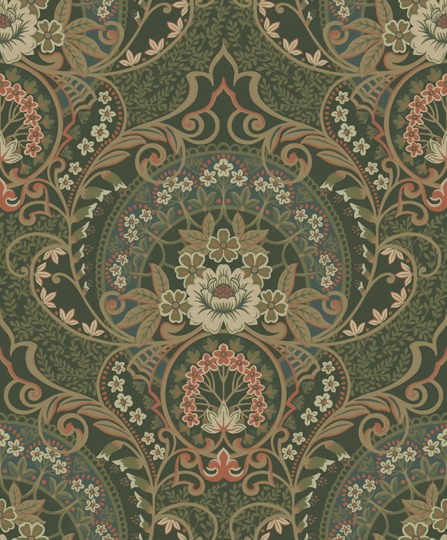 Brewster Home Fashions Nasrin Dark Green Damask Wallpaper