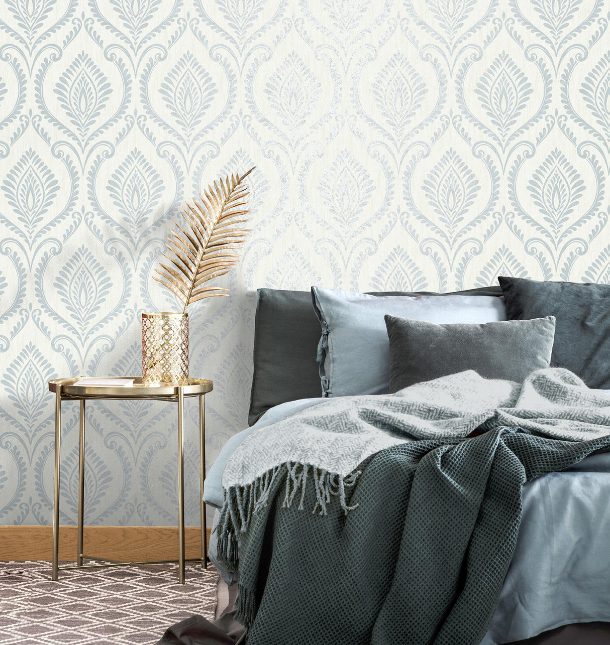Brewster Home Fashions Estelle Light Blue Damask Wallpaper