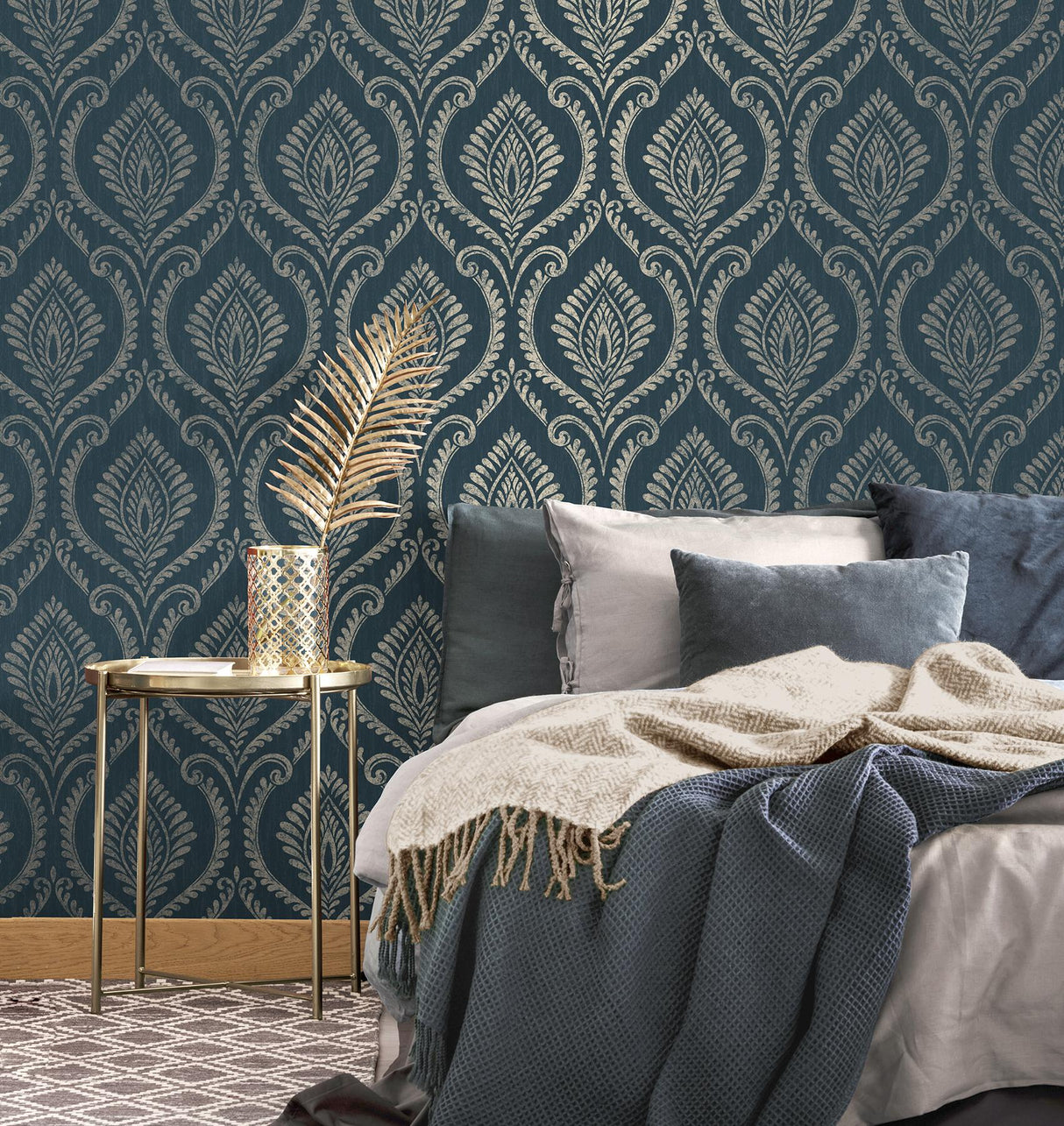 Brewster Home Fashions Estelle Navy Damask Wallpaper