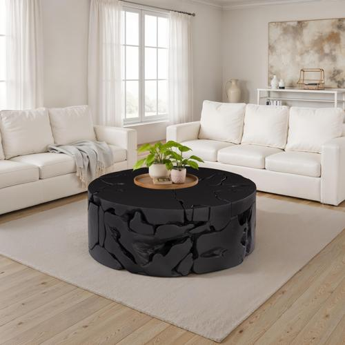 Phillips Collection Teak Chunk Round Black Coffee Table