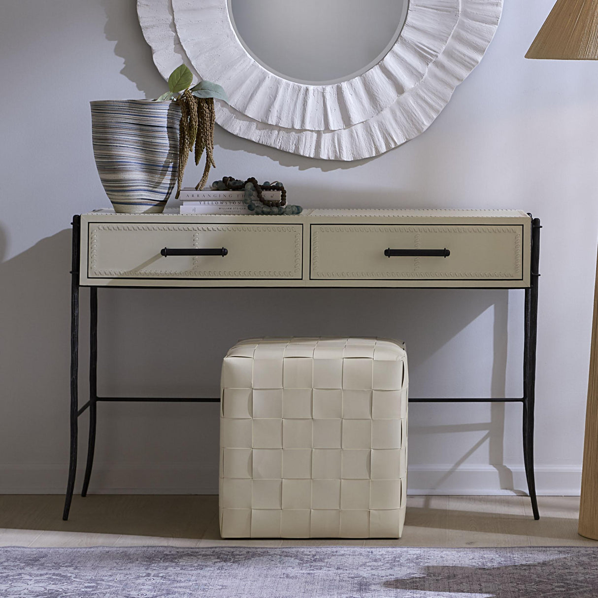 Jamie Young Woven Leather Ottoman, White