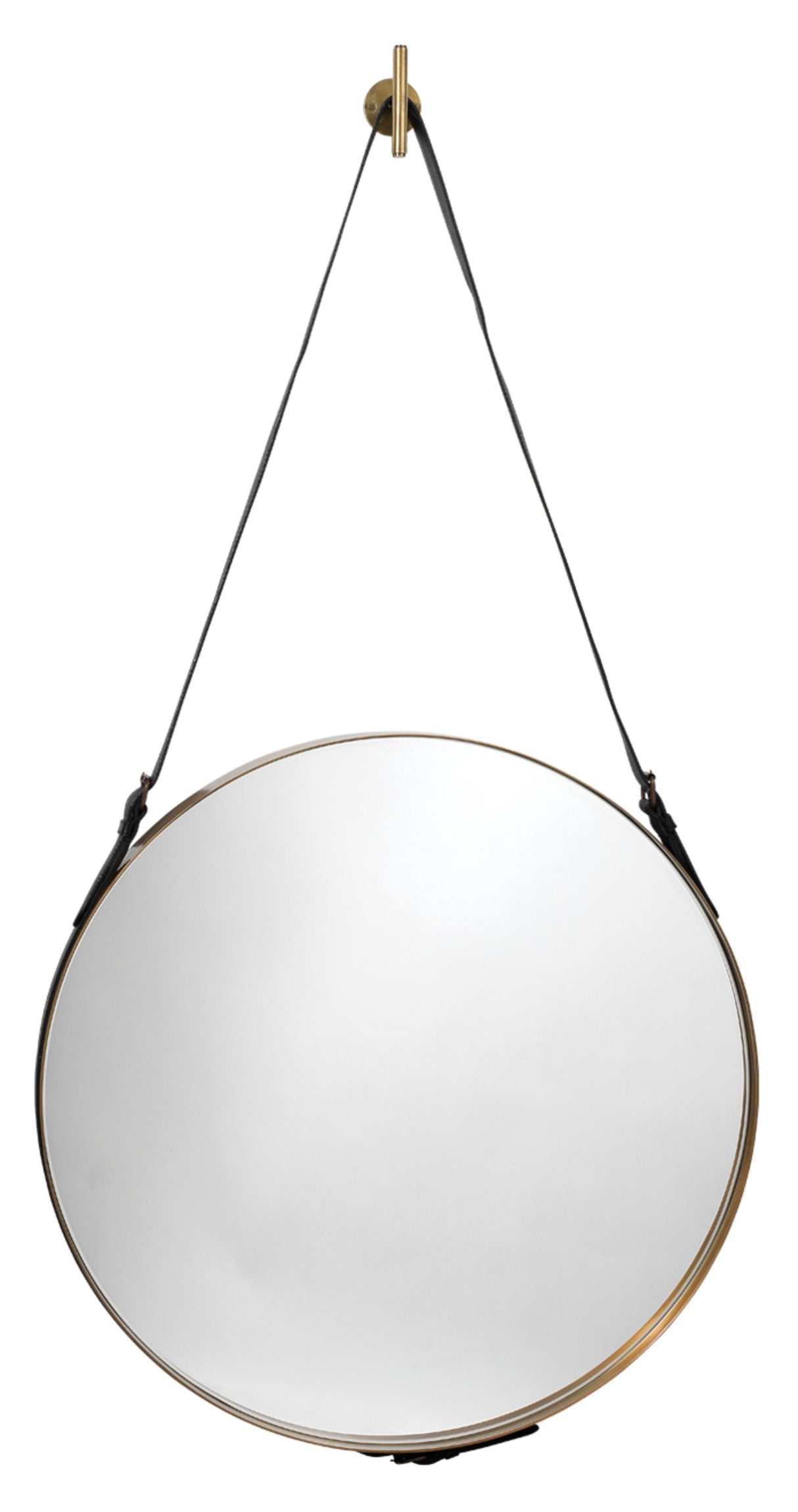 Jamie Young Round Steel Round Wall Mirror, Antique Brass and Black Leather Strap