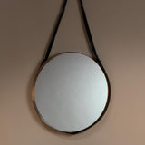 Jamie Young Round Steel Round Wall Mirror, Antique Brass and Black Leather Strap