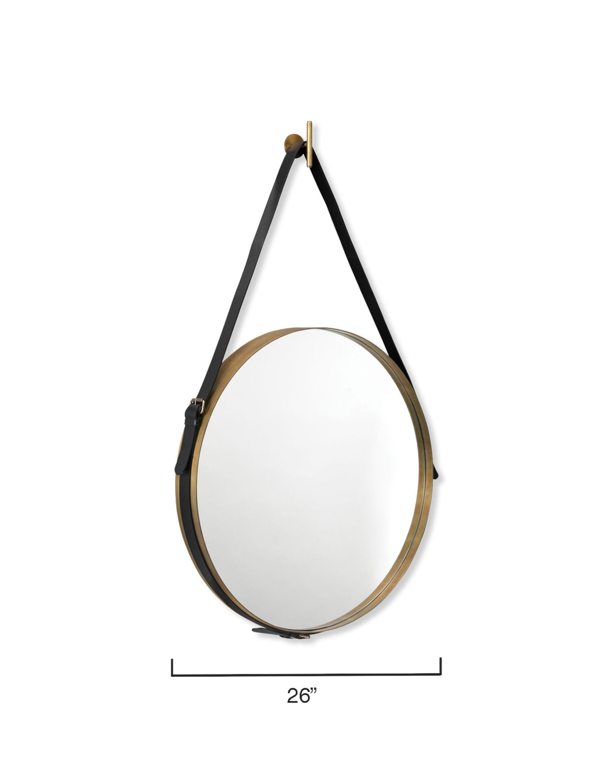 Jamie Young Round Steel Round Wall Mirror, Antique Brass and Black Leather Strap