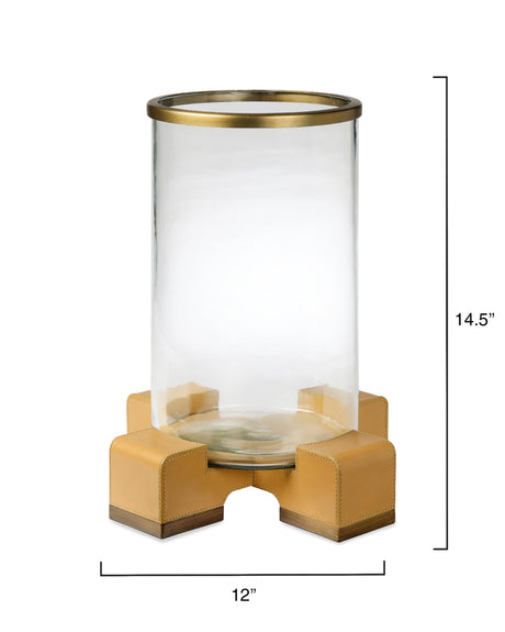 Jamie Young Vector Leather and Glass Hurricane, Cashew