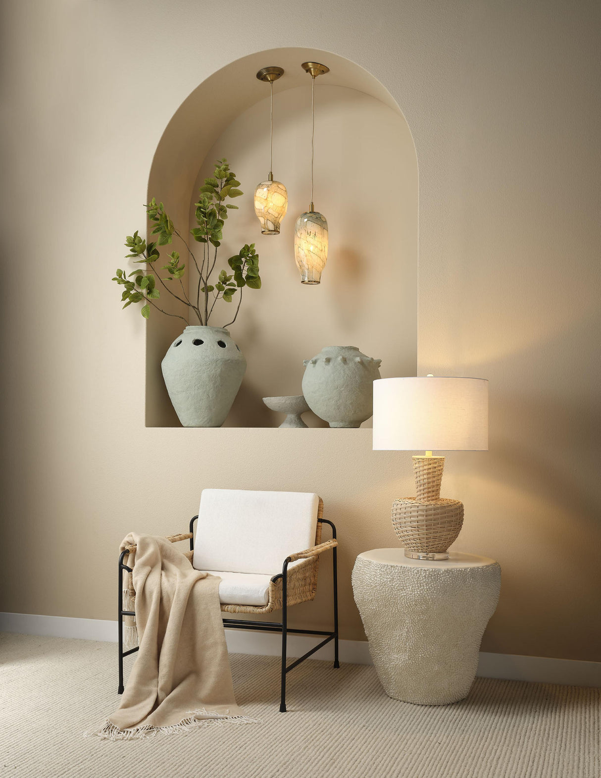 Jamie Young Portobello Rattan Table Lamp with Linen Shade