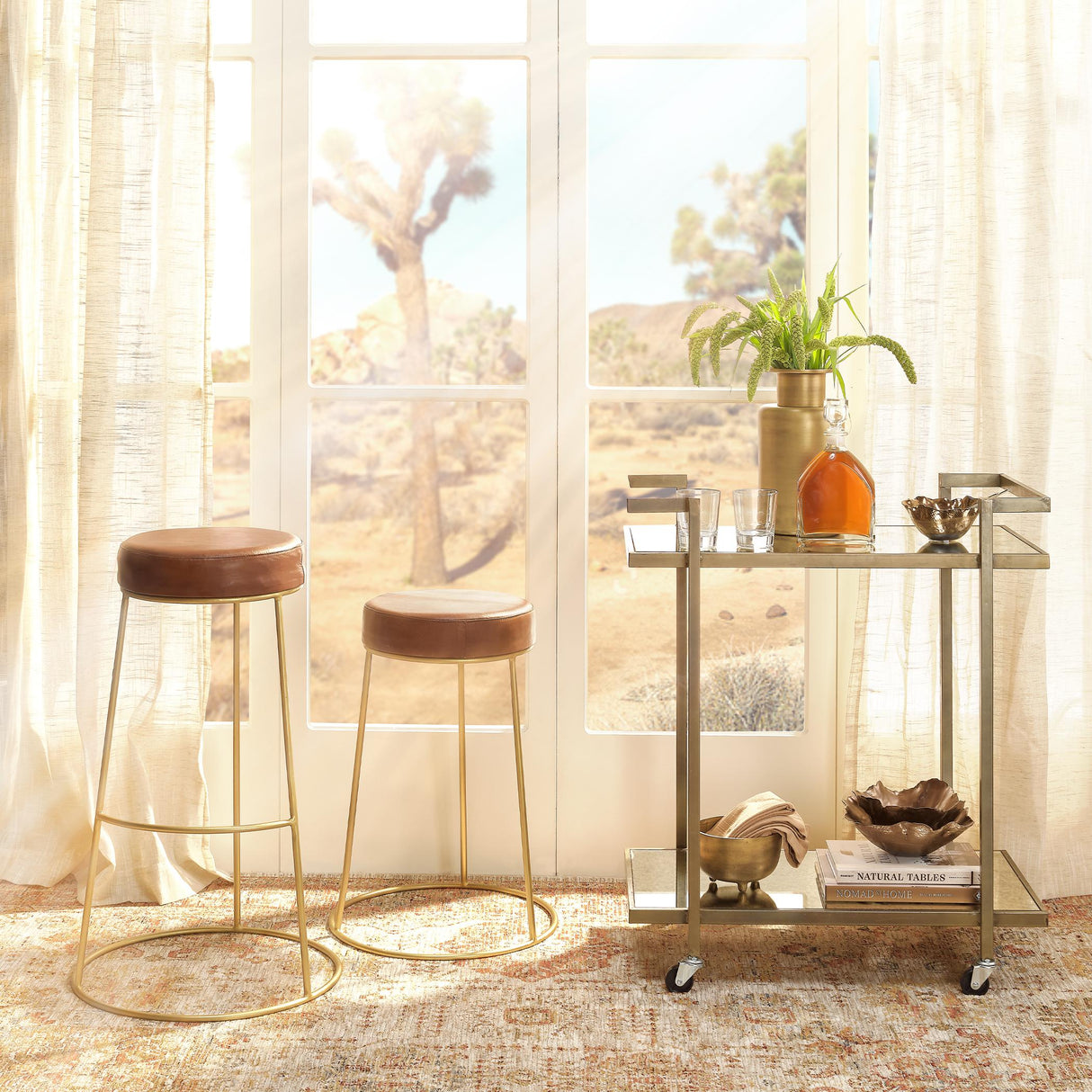 Jamie Young Henry Round Leather Bar Stool, Brown