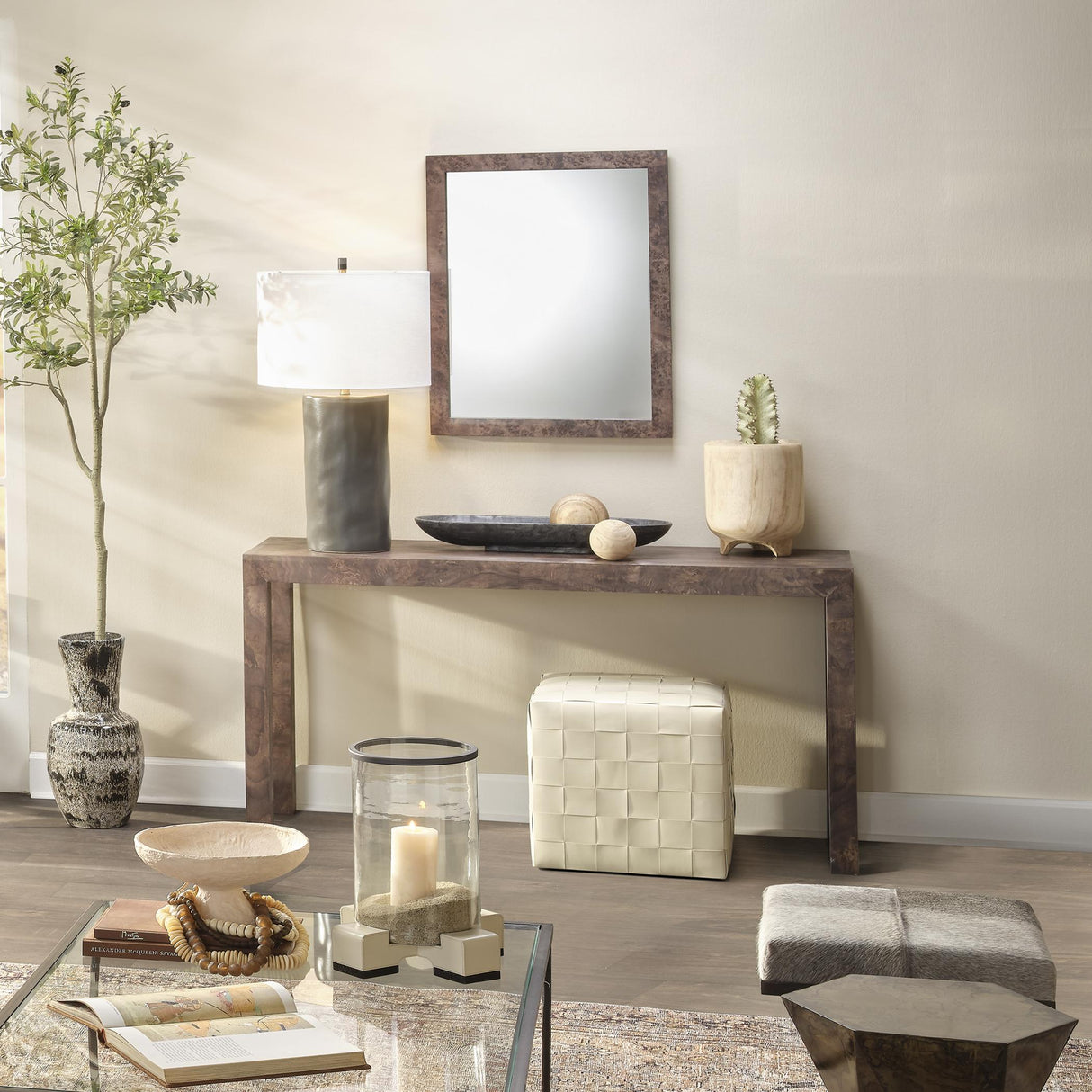 Jamie Young Archer Burl Wood Console, Grey