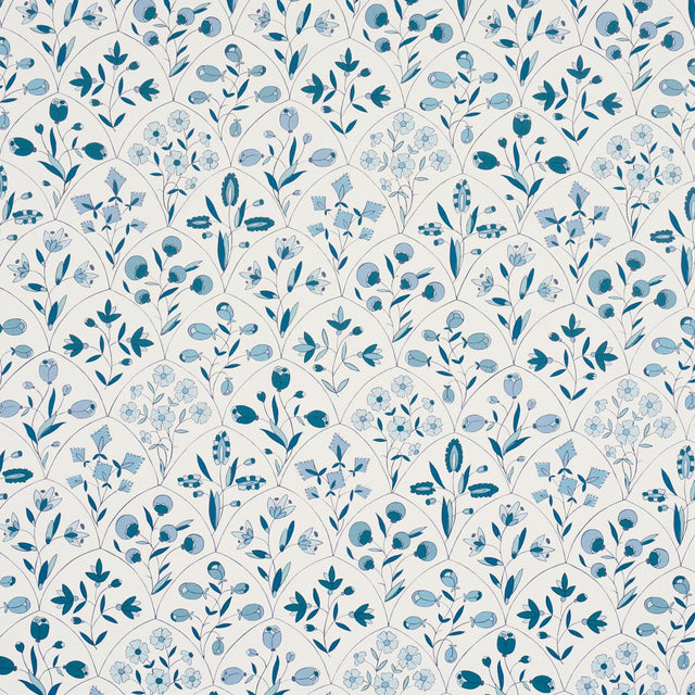 Schumacher Frances Scallop Floral Blues Wallpaper