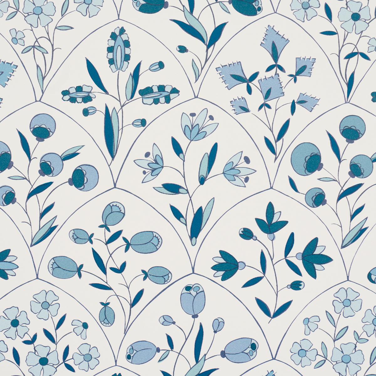 Schumacher Frances Scallop Floral Blues Wallpaper