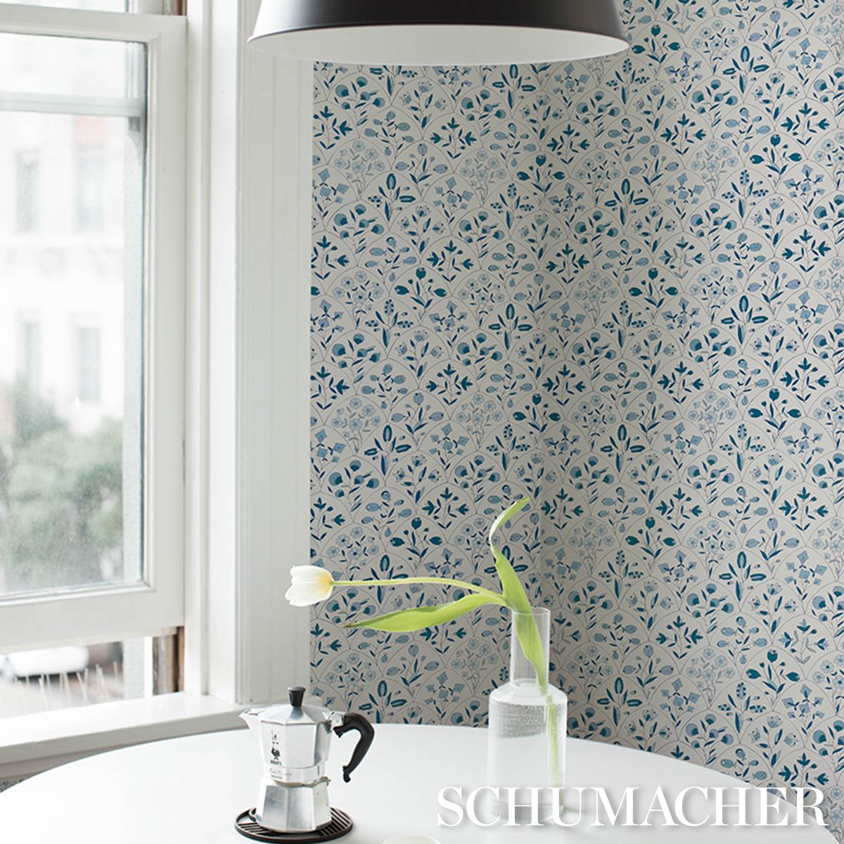 Schumacher Frances Scallop Floral Blues Wallpaper