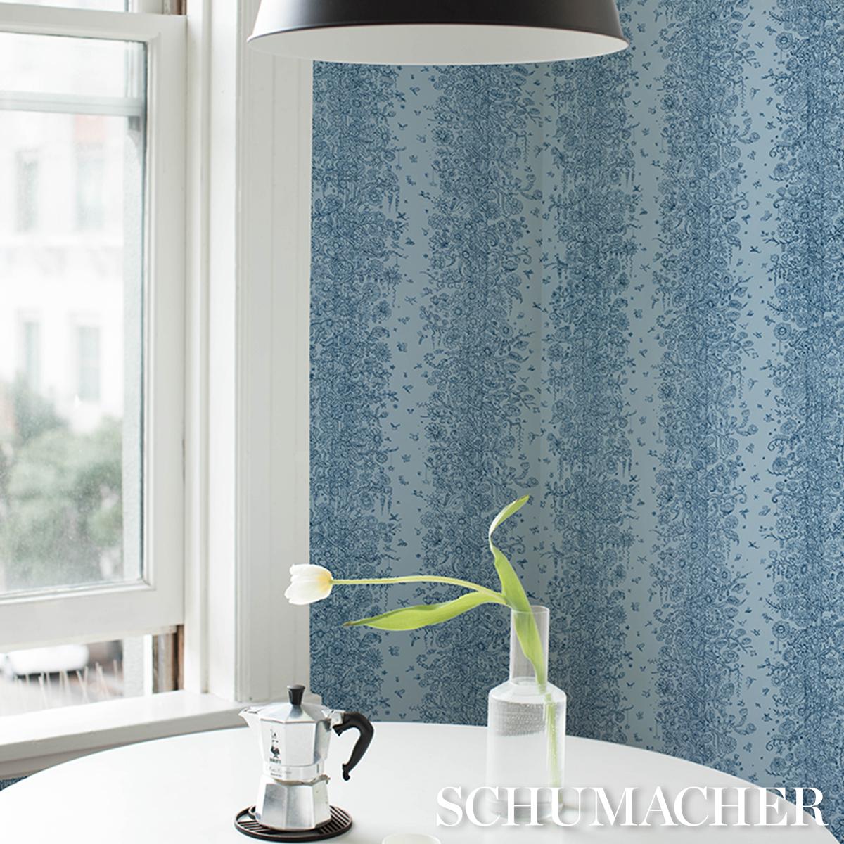 Schumacher Edward Steed'S Towers Of Flowers Sky Blue & Navy Wallpaper